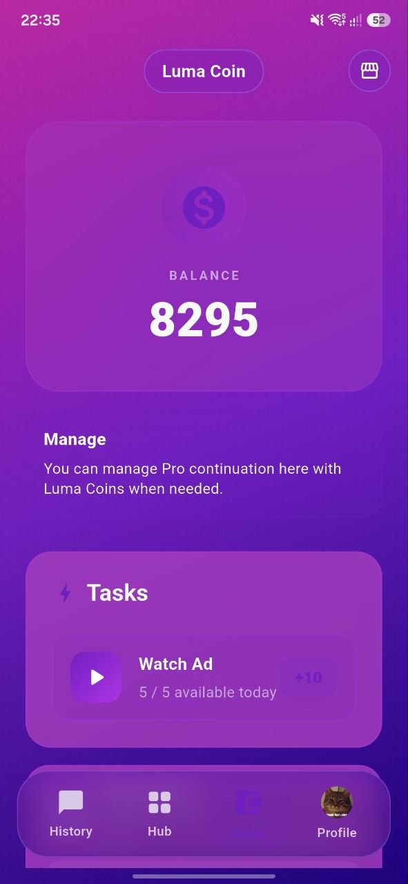 Luma Coins balance and Pro features